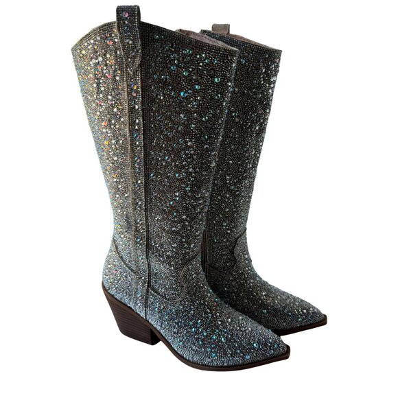 New without Box Western Silver  Sparkle Rhinestone Wide Calf Cowboy Boots - Picture 2 of 15